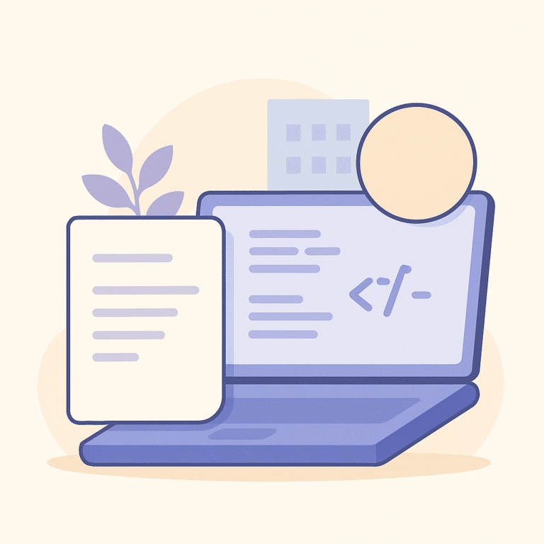 Illustration numérique moderne représentant COBOL dans un environnement technologique, avec un ordinateur portable, un document iconique et un bâtiment, dans un style minimaliste et vectoriel.