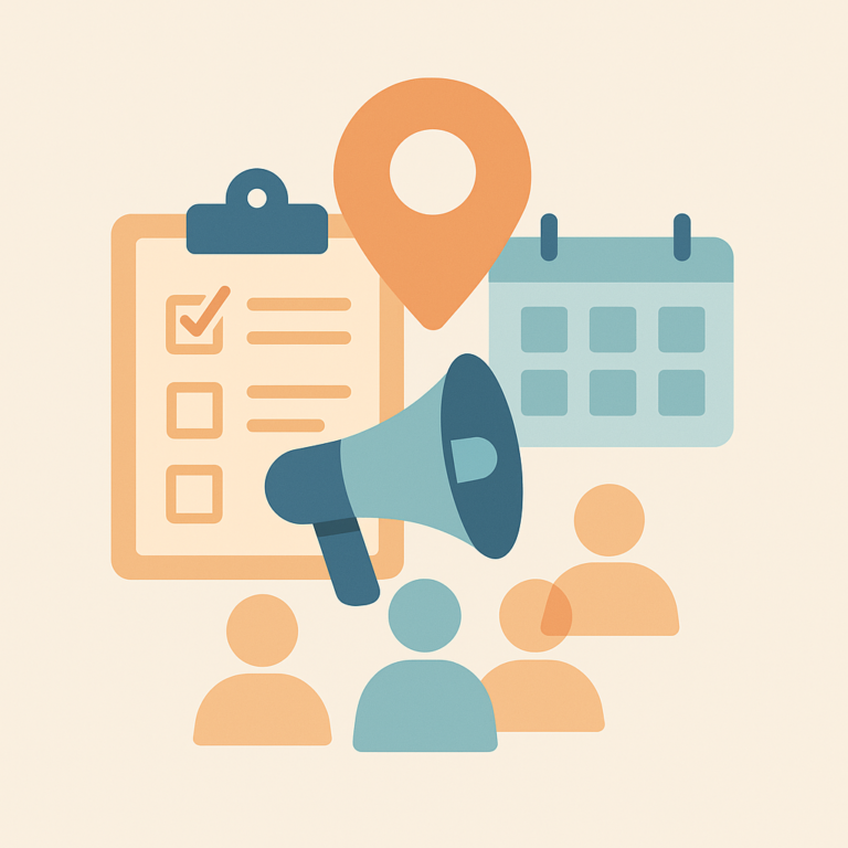 Illustration flat design d’éléments représentant la coordination de prestataires marketing : agenda, haut-parleur, checklist, icônes de personnes et localisation sur fond clair.