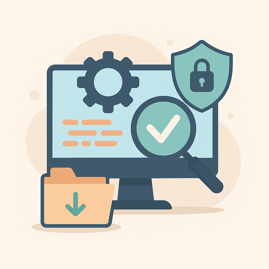 Illustration minimaliste représentant un écran avec des icônes de sécurité, de test et de téléchargement, symbolisant un service de développement back-end Symfony sécurisé.