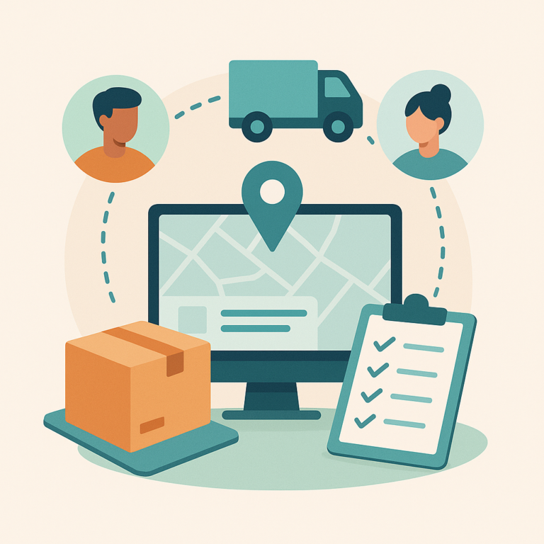 Illustration vectorielle montrant un écran avec carte et point GPS, un camion de livraison, un colis, une checklist et deux profils humains connectés, représentant la coordination logistique des interventions terrain.