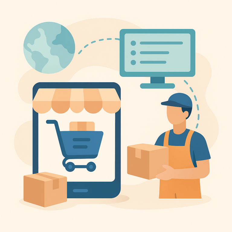 Illustration vectorielle représentant un travailleur logistique avec colis, un écran de gestion, une boutique en ligne et une connexion mondiale pour la coordination des interventions terrain.