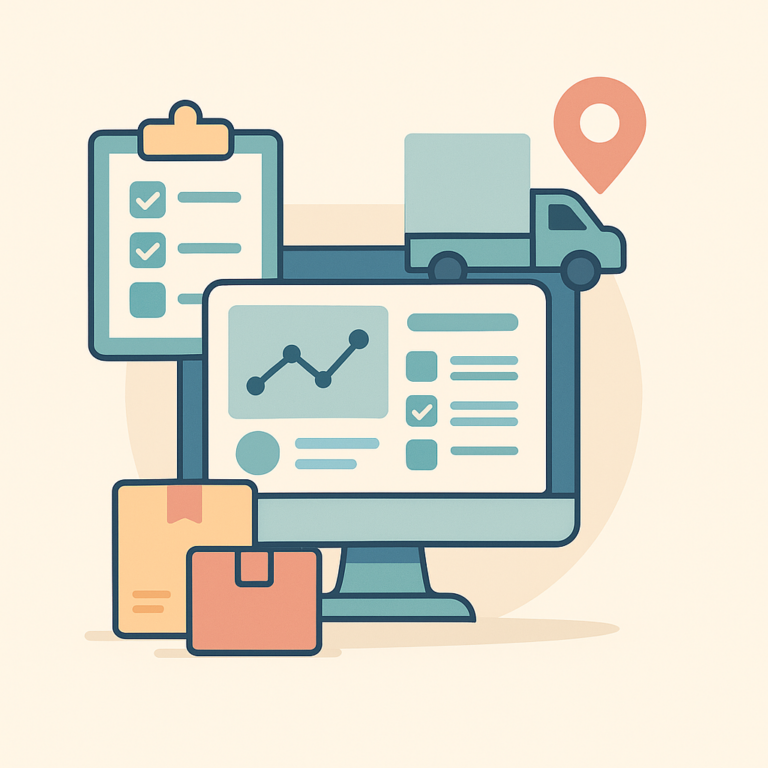 Illustration d’un tableau de bord logistique avec icônes de livraison, colis, camion et graphiques, en style flat design sur fond clair.