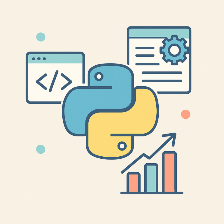 Illustration vectorielle moderne représentant un développeur Python spécialisé en automatisation et traitement de données, avec icônes de code, graphique et roue dentée.