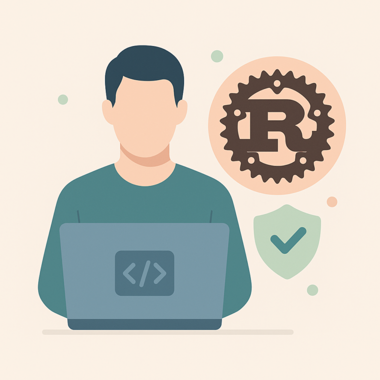 Illustration vectorielle d’un développeur sur ordinateur avec un logo Rust et une icône de sécurité