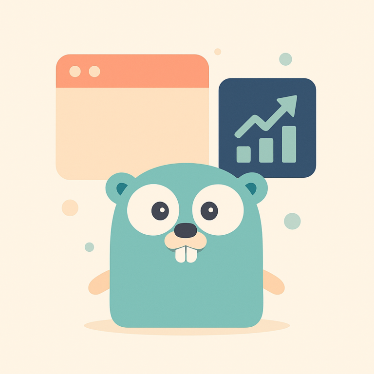 Illustration vectorielle minimaliste représentant un gopher turquoise symbolisant un expert Go, entouré d’icônes API et croissance, sur fond clair