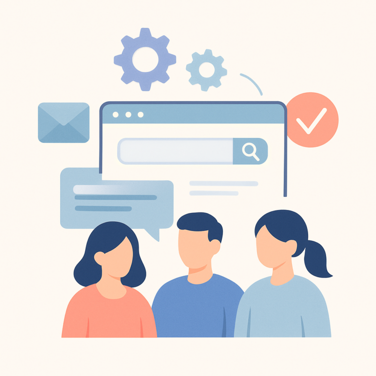 Illustration d’un portail de support collaboratif avec trois personnes, des bulles de dialogue, des engrenages et des icônes de communication, sur fond neutre.