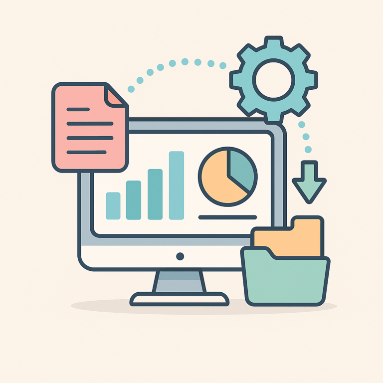 Illustration flat design représentant un écran avec graphiques automatisés, icônes de document, dossier et engrenage, symbolisant un reporting marketing automatisé avec n8n