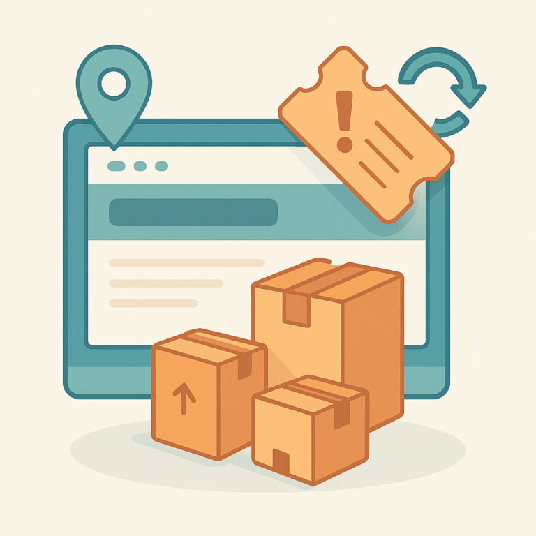 Illustration flat design représentant un outil de ticketing logistique avec des colis, une interface et une icône d'incident