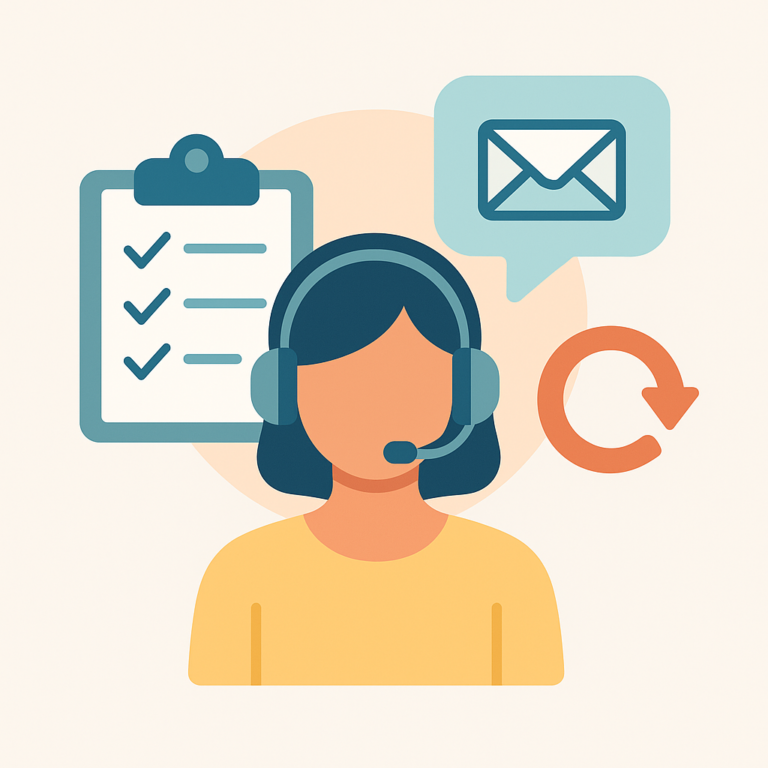 Illustration flat design d'une assistance client avec casque, formulaire de suivi et icônes de communication, représentant le service de suivi client et de fidélisation.