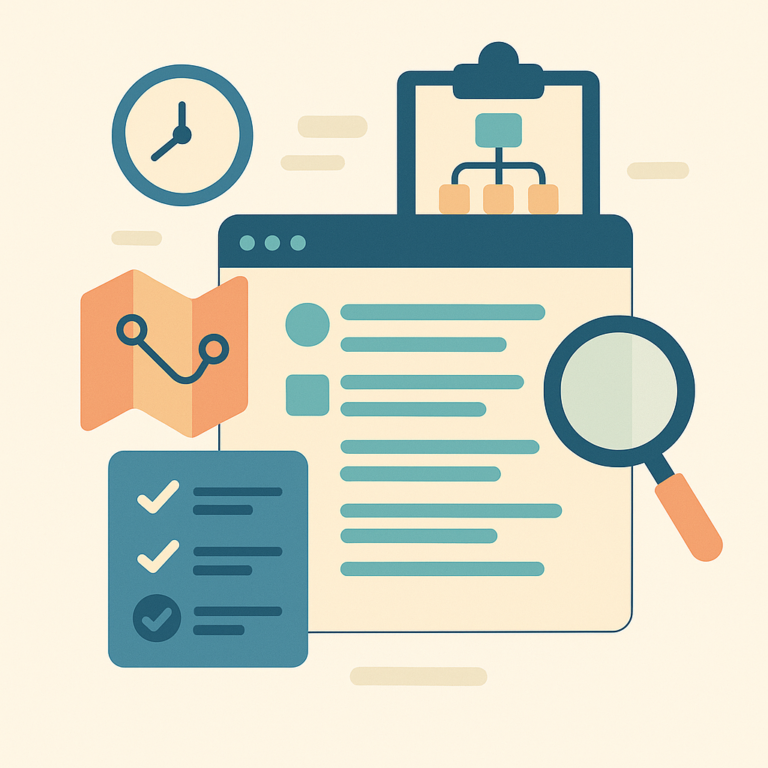 Illustration vectorielle minimaliste montrant la gestion structurée d’un projet informatique avec une interface web, une carte, un diagramme, une checklist et une loupe, sans texte ni caractère visible.