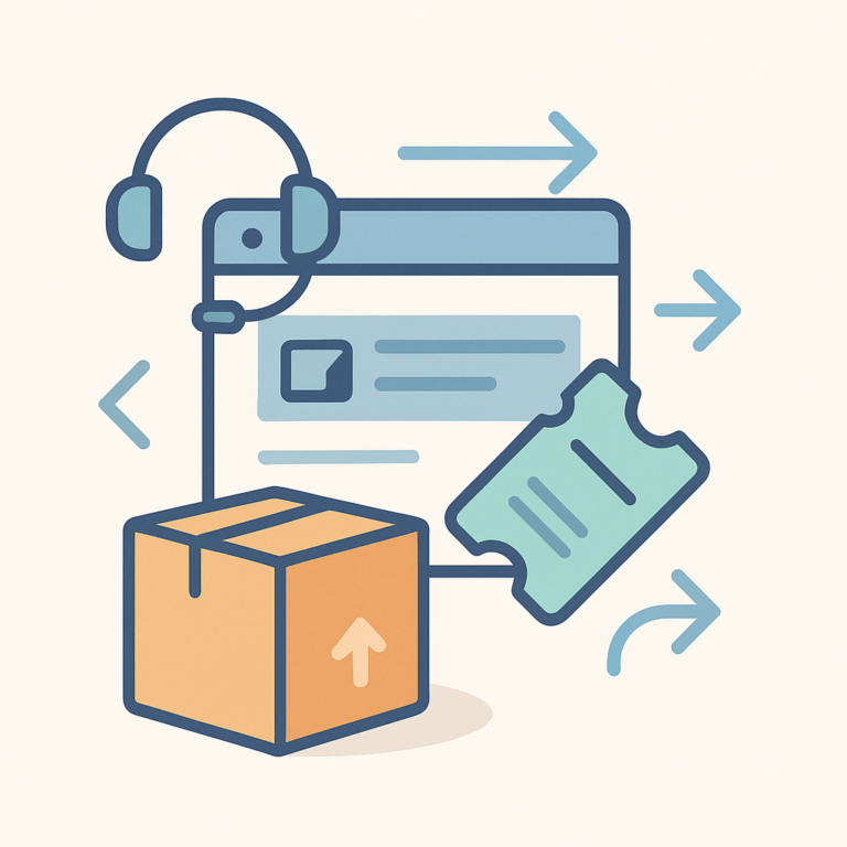 llustration vectorielle d’un système de support logistique avec interface web, ticket, boîte de livraison et casque d’assistance, en style flat design.