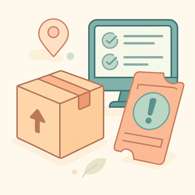 Illustration d’un colis, d’un écran avec une checklist, et d’un ticket, représentant le suivi des incidents logistiques via un outil de ticketing pour e-commerce, en flat design vectoriel.