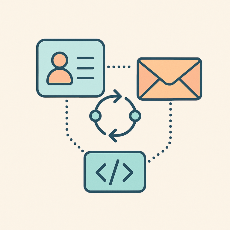 Illustration minimaliste d'une intégration CRM-emailing automatisée sans code avec icônes reliées, style flat design.
