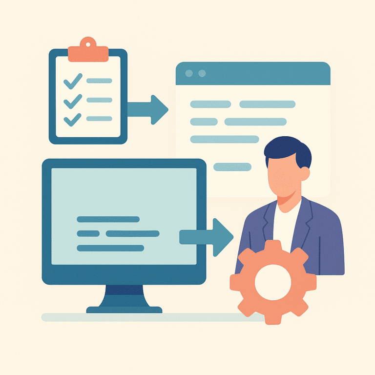 Illustration flat design montrant la migration d’un logiciel COBOL avec un chef de projet, un écran, des icônes de tâches et une flèche de transition, sur fond clair et style minimaliste.