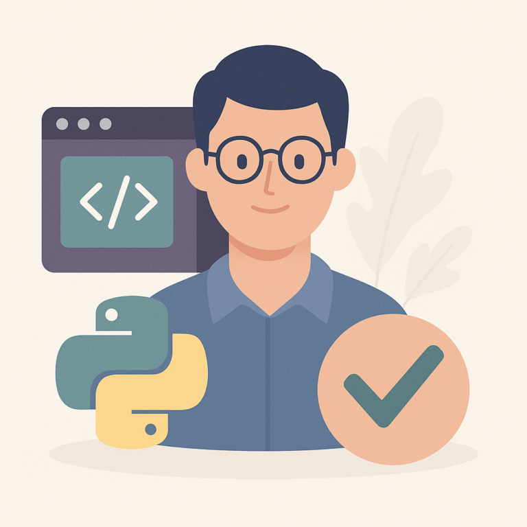 Développeur Python fullstack avec icône Python, éditeur de code et validation, sur fond neutre en style flat design.