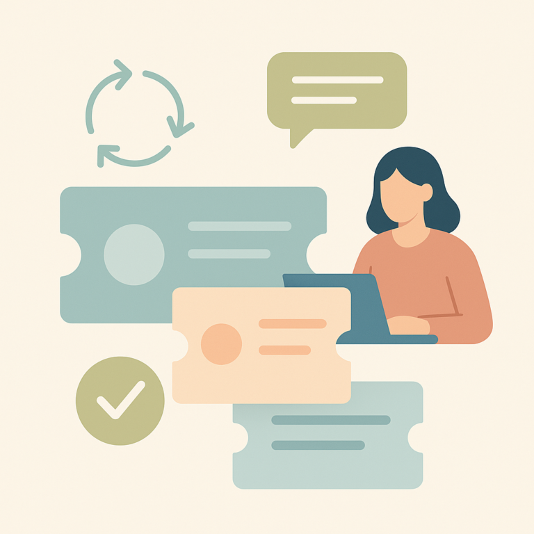 llustration en flat design d'une personne devant un ordinateur, entourée de tickets, icônes de communication, validation et flux, représentant un outil de ticketing collaboratif.