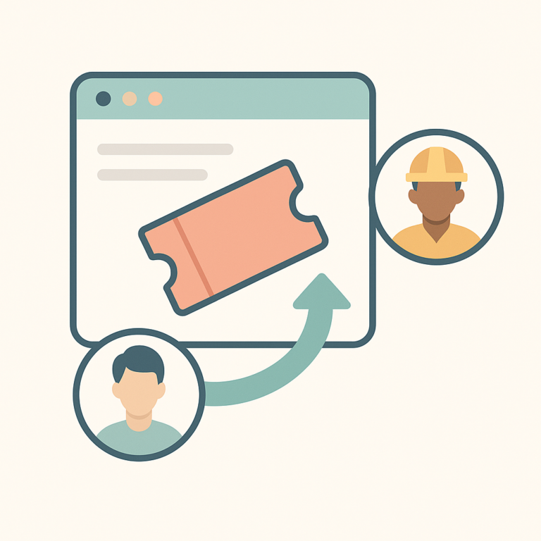 Illustration vectorielle d’un outil de ticketing entre un client et un prestataire externe, avec icônes stylisées et palette douce sur fond clair