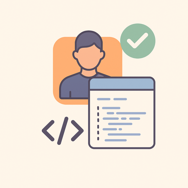 Illustration vectorielle d’un profil de développeur avec une fenêtre de code CSS validé, icône de validation, style flat design, sans texte.