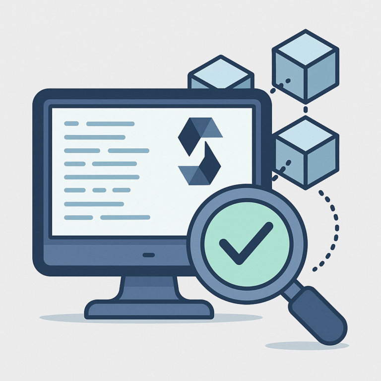 Illustration vectorielle représentant le sourcing d’un expert Solidity pour projet blockchain, avec environnement technique et symboles Web3