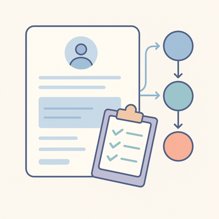 Illustration minimaliste représentant un formulaire de brief projet et un processus de workflow avec des icônes claires sur fond neutre.