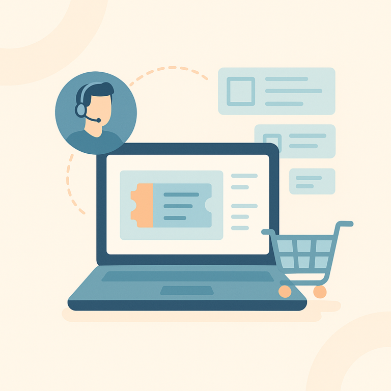 Illustration flat design d’un ordinateur affichant un ticket de support IT, avec un agent en casque et un panier d’achat, sur fond clair, symbolisant un système de support interne pour boutique en ligne.