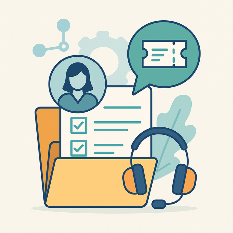 Illustration vectorielle d’un service de support RH avec dossier, casque audio, fiche à cocher et icône de ticket, en flat design sur fond clair.