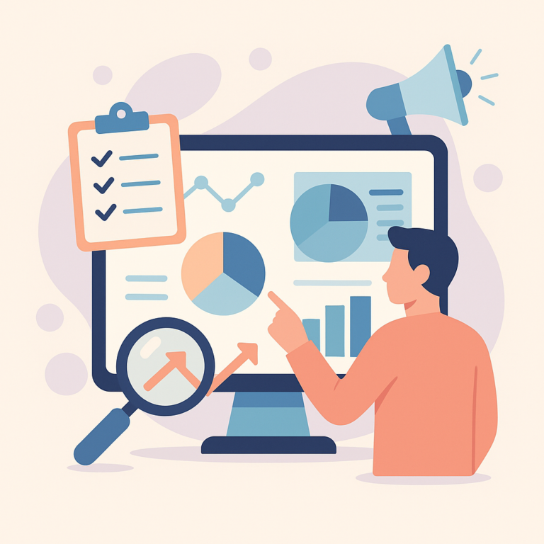 Illustration vectorielle d’un tableau de bord marketing avec graphiques et icônes, style flat design, sans texte ni chiffres.