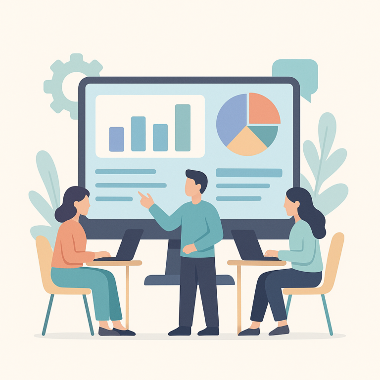 Illustration d’une équipe utilisant un tableau de bord collaboratif pour gérer des demandes transverses, en style flat design et couleurs douces.