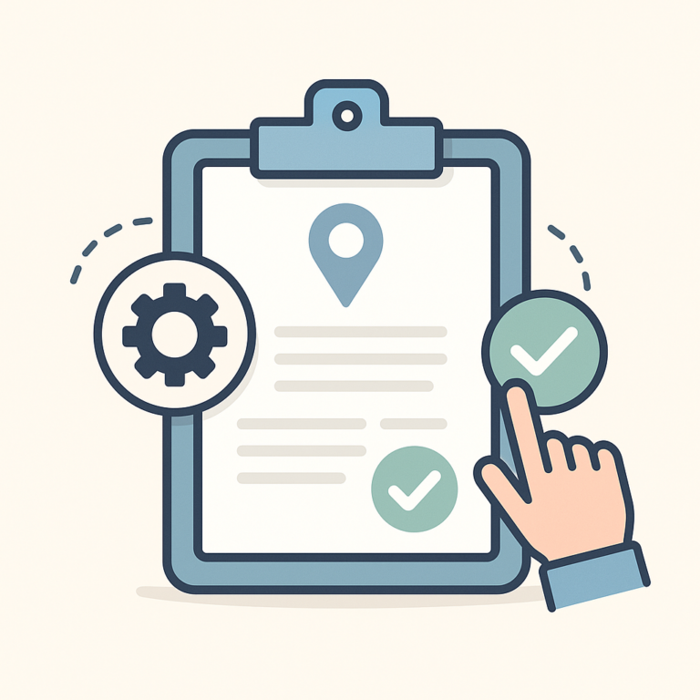 Illustration sans texte montrant une main validant un ordre de mission sur une tablette avec des icônes de vérification et un engrenage symbolisant un processus automatisé.