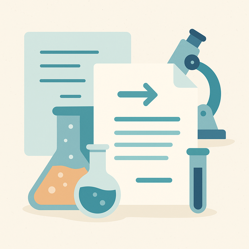 Illustration flat design de documents de laboratoire avec microscope et flacons représentant la traduction de rapports de laboratoire