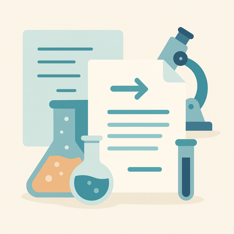 Illustration flat design de documents de laboratoire avec microscope et flacons représentant la traduction de rapports de laboratoire