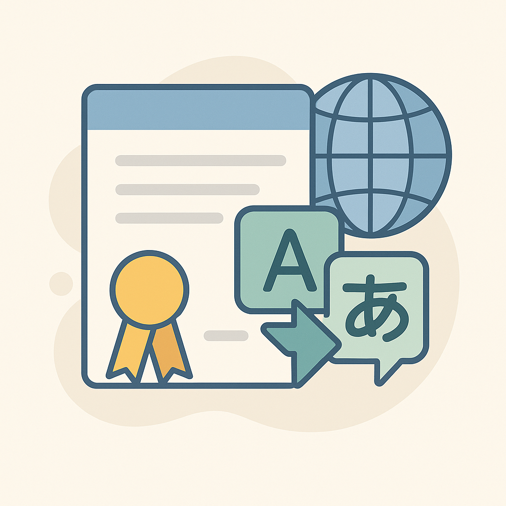 Illustration vectorielle en flat design montrant un document certifié, un globe et des icônes de traduction, symbolisant la traduction de normes ISO.