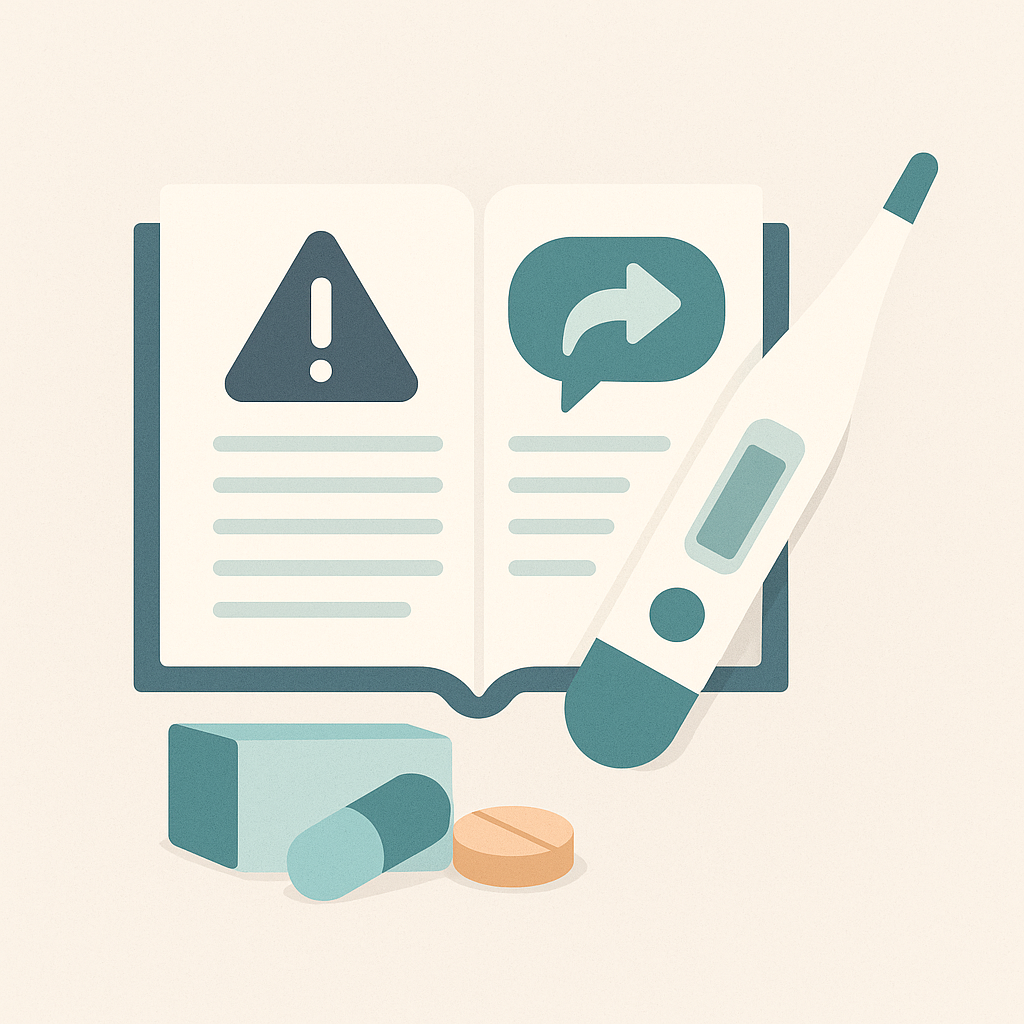 Illustration flat design représentant une notice de dispositifs médicaux avec pictogrammes et outils médicaux