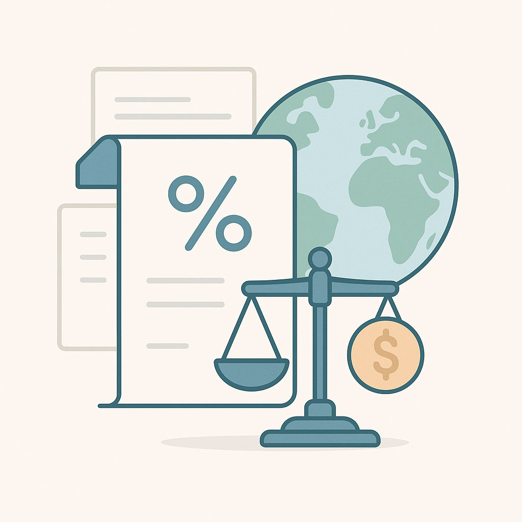 Illustration vectorielle d’un document fiscal, d’une balance et d’un globe pour représenter les conventions fiscales internationales.