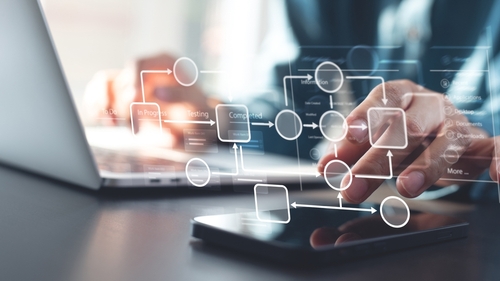Interface digitale avec icônes illustrant la gestion et l’automatisation des processus métier
