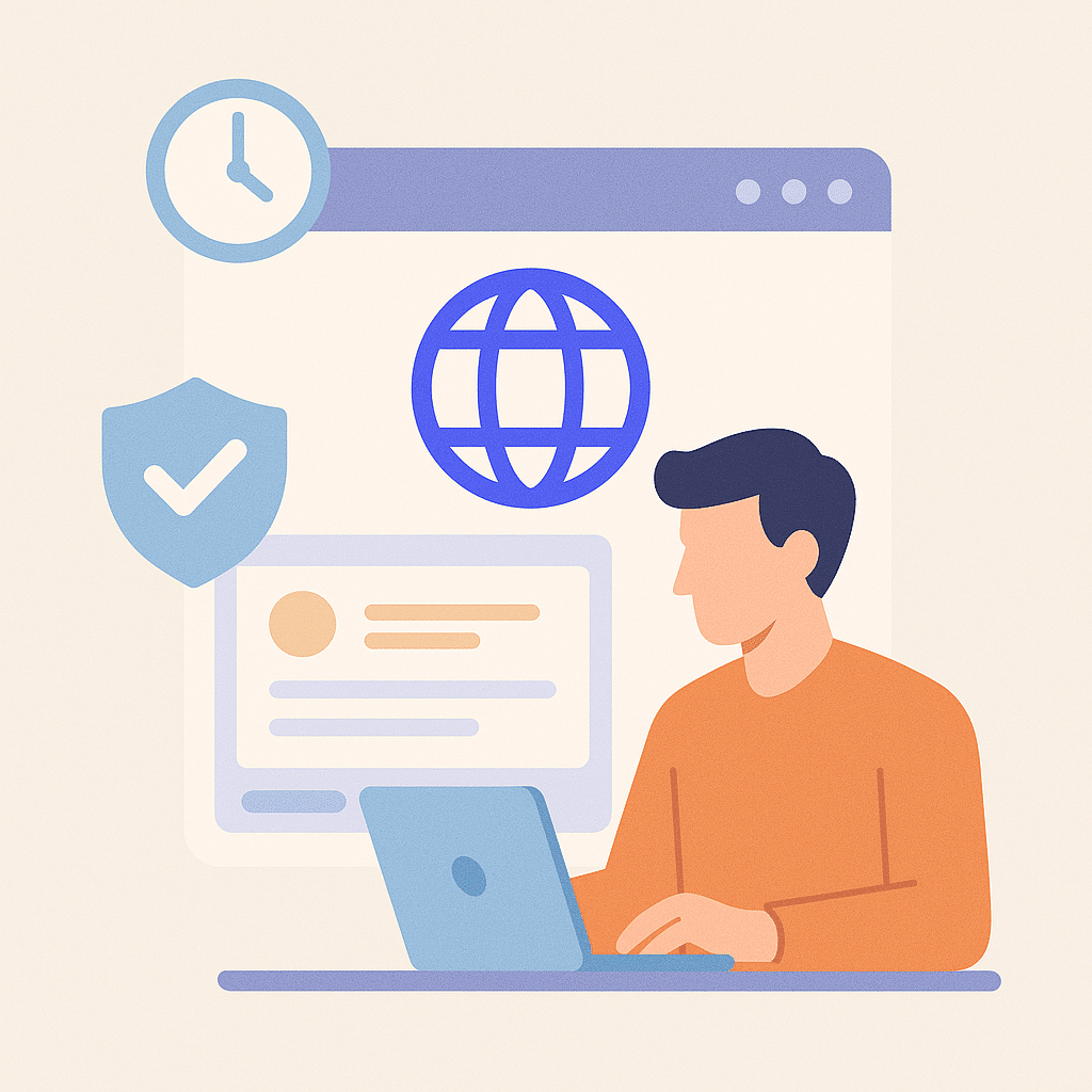 Illustration flat design d’un développeur utilisant un ordinateur portable pour intégrer rapidement un site vitrine sur Webflow, avec icônes de globe, sécurité et horloge.
