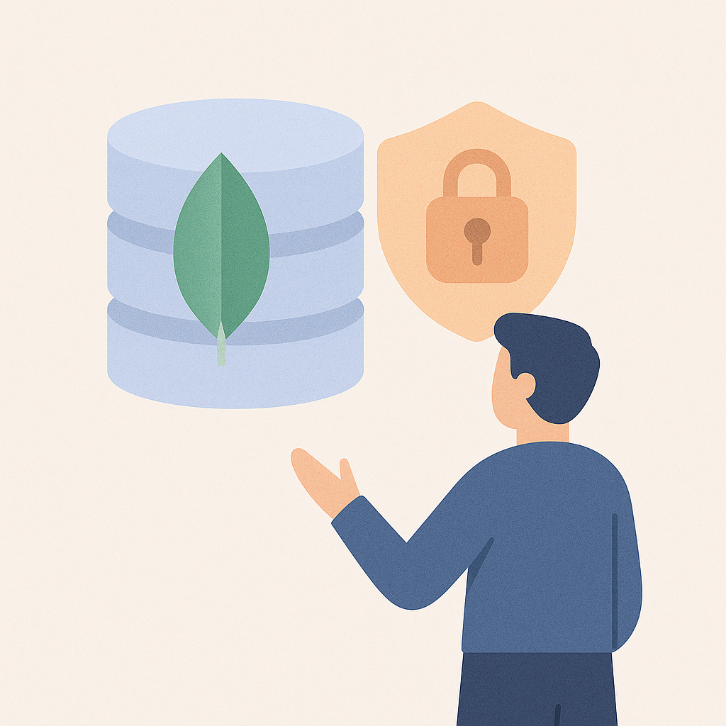 Illustration en flat design d’un développeur MongoDB validé devant une base NoSQL sécurisée avec icône de verrou et palette douce. Demander à ChatGPT