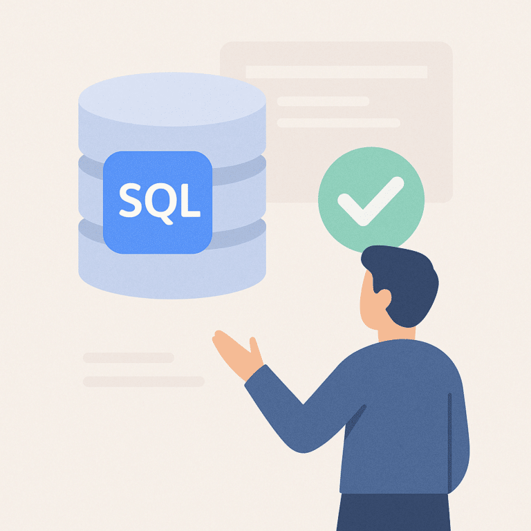 Illustration en flat design d’un développeur SQL validé devant une base de données MySQL avec coche verte, style épuré et fond neutre. Demander à ChatGPT