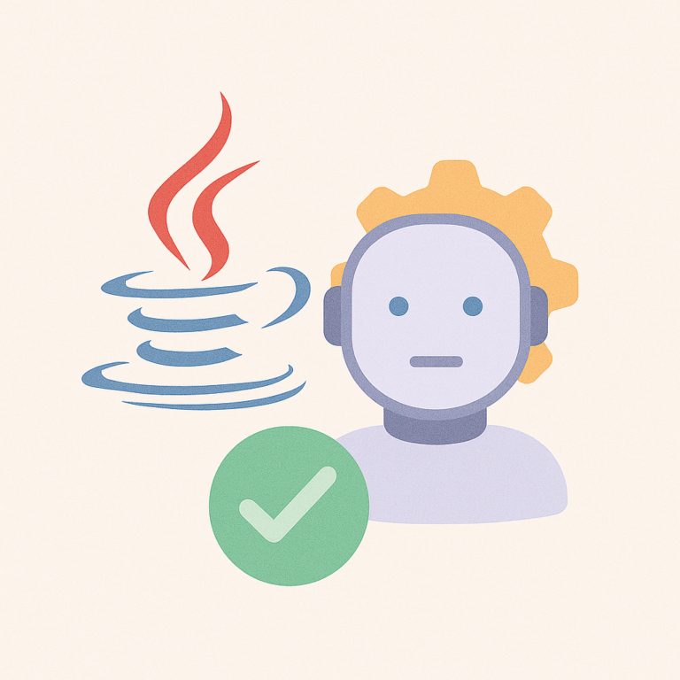 Illustration en flat design montrant un logo Java, une tête de robot IA et une coche verte, symbolisant un expert IA Java validé pour moteur de recommandation.