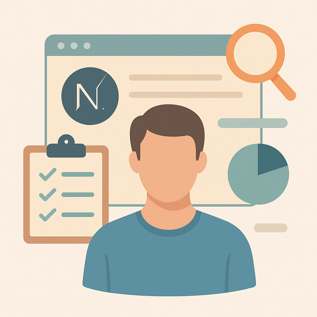 Illustration flat design d’un expert Next.js avec des icônes de SEO et de test de rendu sur fond clair.