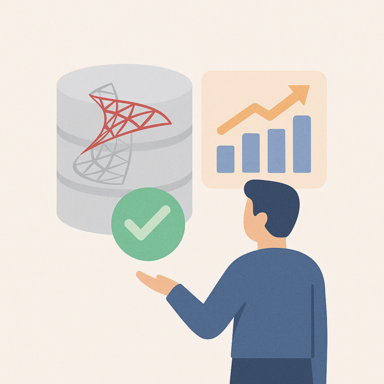 Illustration en flat design d’une base SQL Server avec coche verte et graphique de reporting, style épuré et fond neutre.
