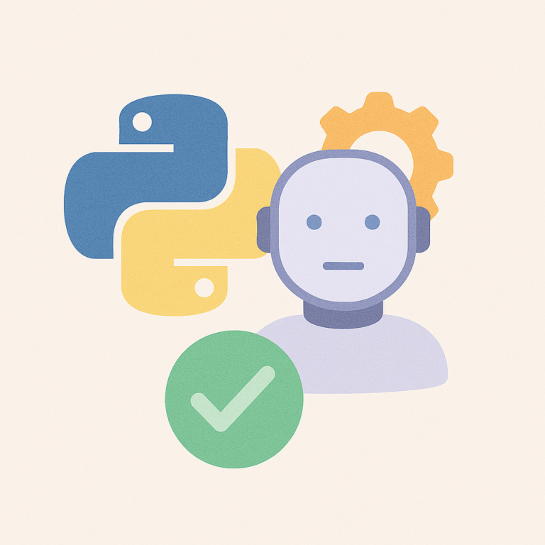 Illustration en flat design montrant un symbole Python, une tête de robot IA et une coche verte, représentant un profil IA validé pour automatisation ou NLP. Demander à ChatGPT