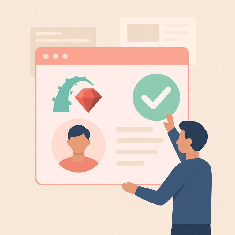 Illustration vectorielle au style flat design représentant un profil Ruby on Rails avec validation par coche verte, adaptée à la présentation d’un service de refonte ou de création de MVP.
