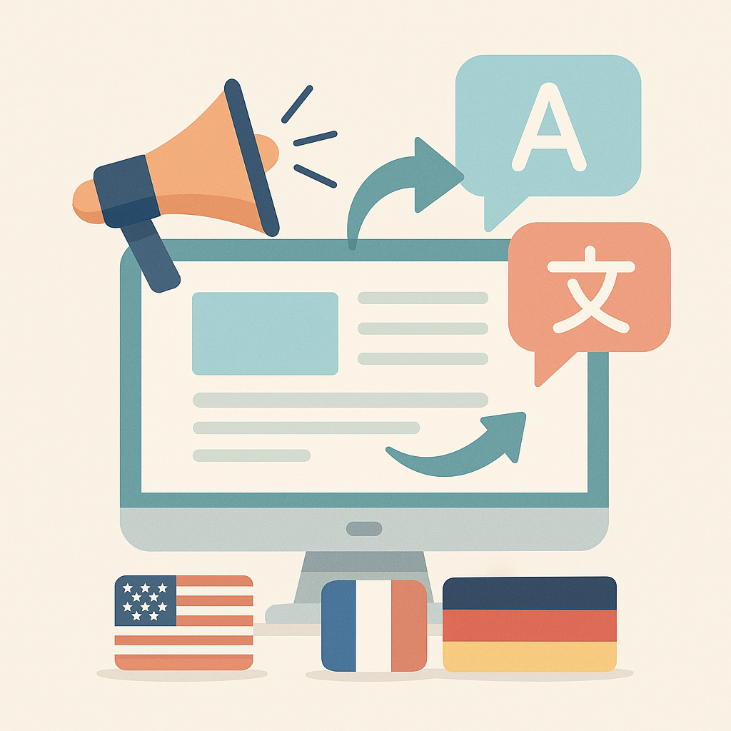 Illustration vectorielle d’un écran publicitaire, d’un mégaphone, de bulles de traduction et de drapeaux, représentant la traduction de campagnes publicitaires multilingues.