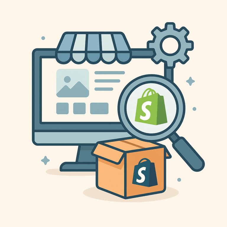 Illustration vectorielle moderne montrant un écran de boutique en ligne, un colis et un engrenage, symbolisant le sourcing Shopify validé pour personnalisation avancée, sur fond clair.