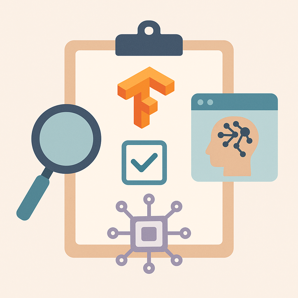 Illustration minimaliste montrant des icônes liées à l’IA, à TensorFlow.js et à la validation technique, sur fond clair.