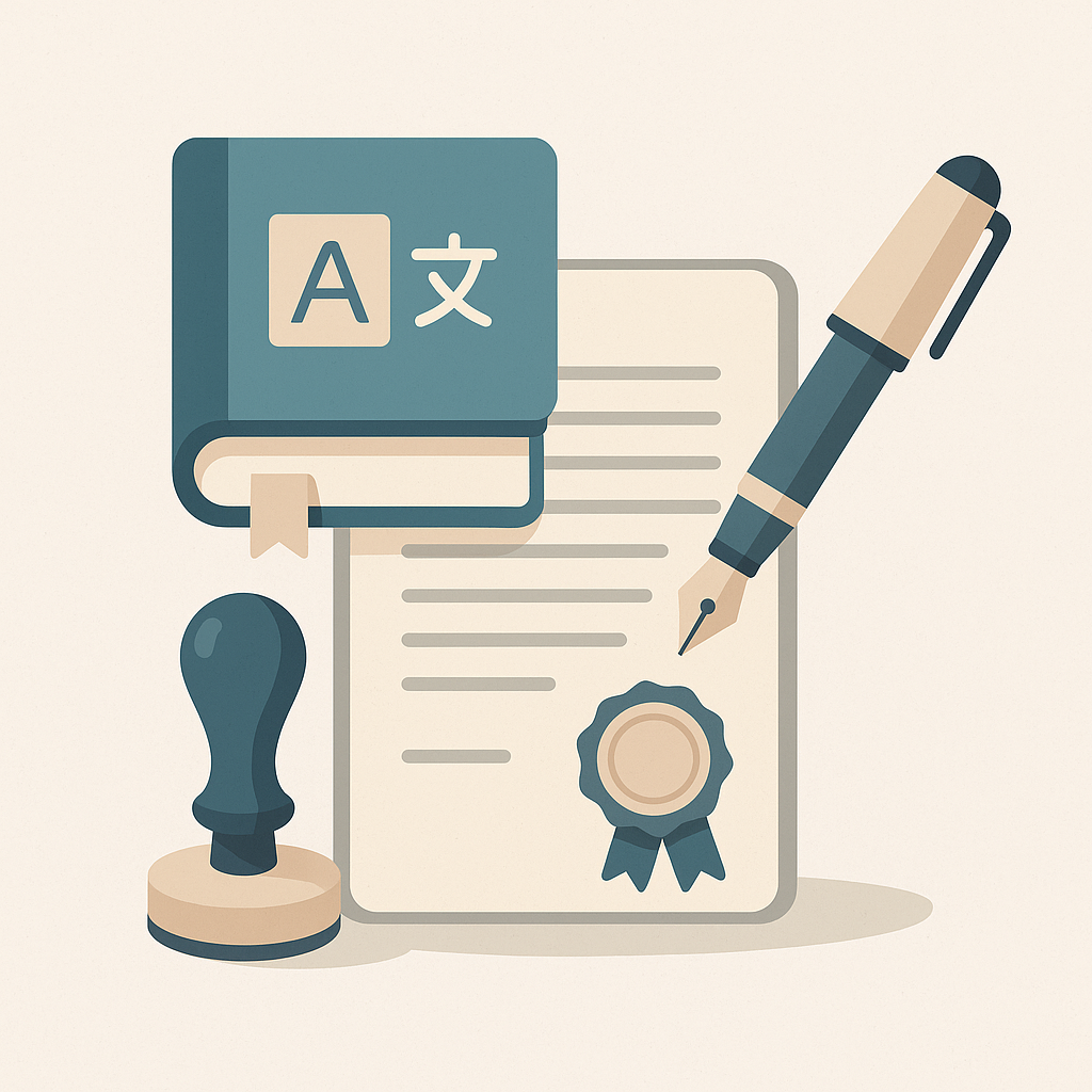 Illustration vectorielle d’un document avec sceau, livre de traduction, stylo plume et tampon pour représenter la traduction d’actes notariés.