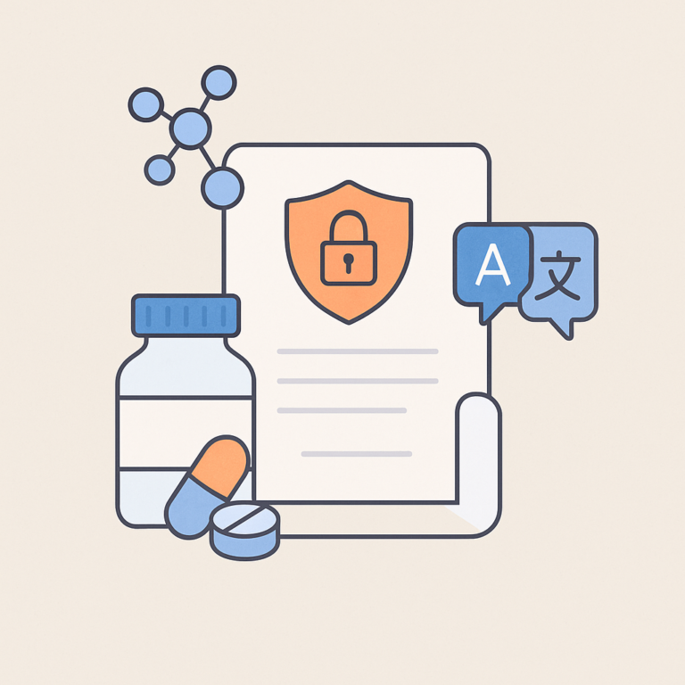 Illustration vectorielle d’un document avec cadenas, flacon, capsules, molécule et icône de traduction pour représenter la traduction de brevets pharmaceutiques.