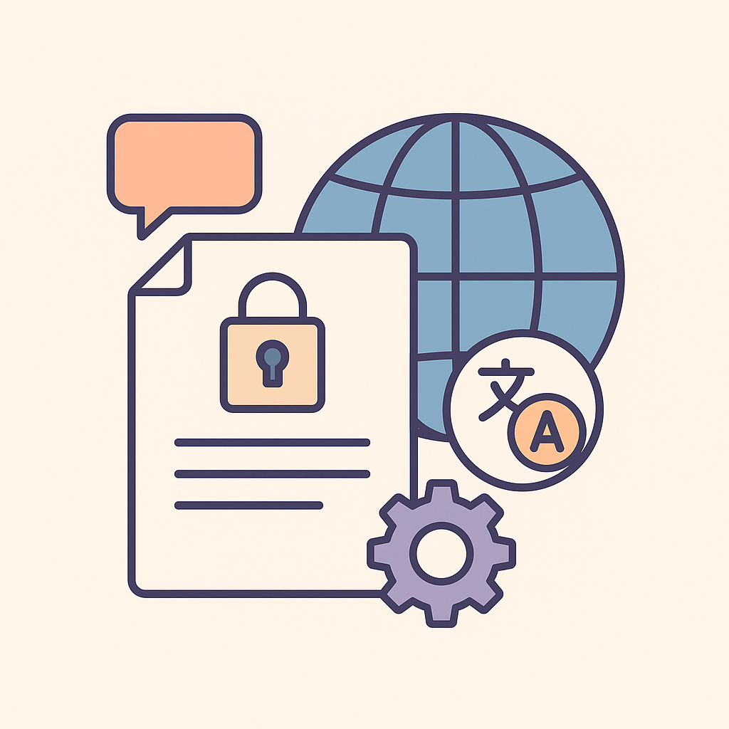 Illustration vectorielle d’un document avec cadenas, globe et icône de traduction pour représenter la traduction technique de brevets.