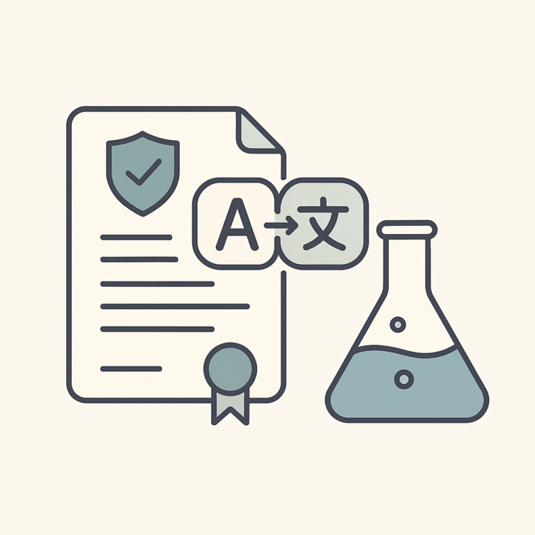 Illustration vectorielle en flat design montrant un document officiel, des symboles de traduction et une fiole de laboratoire pour représenter la traduction de brevets pharmaceutiques.